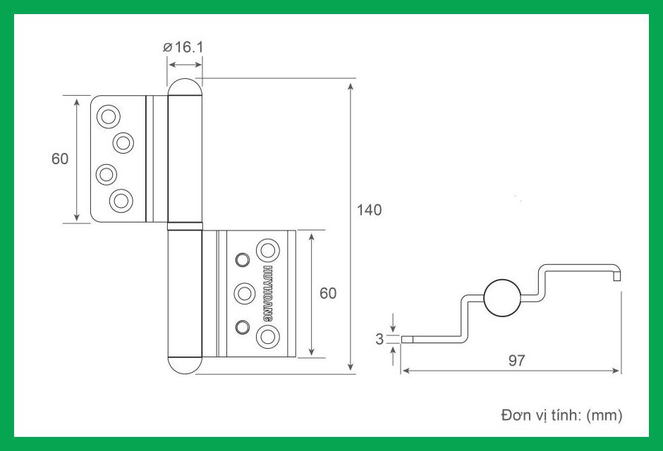 Thông số kỹ thuật Bản lề cối 01 Hệ 55 Sơn trắng