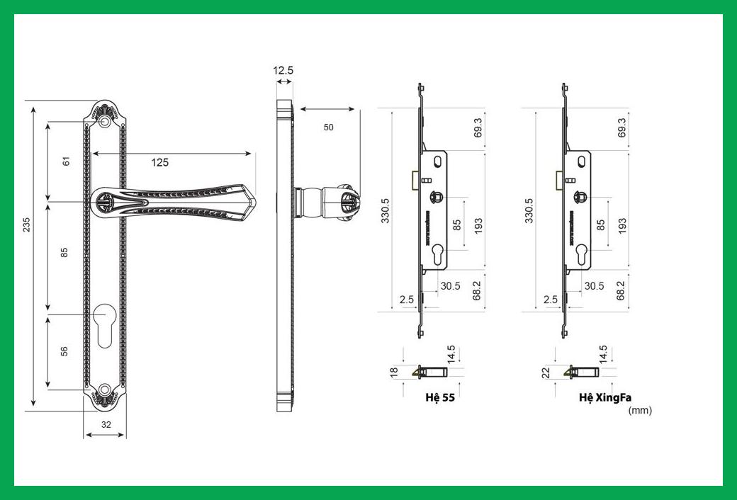 Thông số kỹ thuật Khóa tay nắm đa điểm cửa đi HCX 61