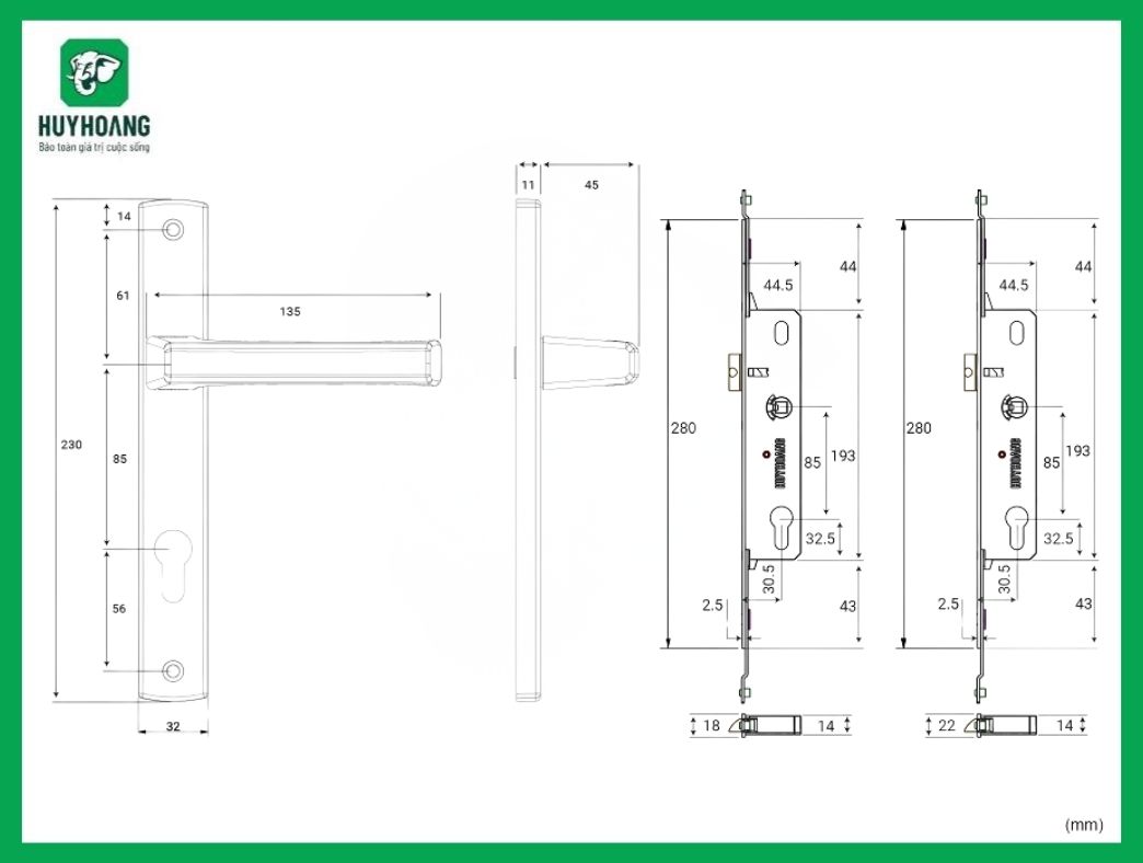 Thông số kỹ thuật Tay nắm đa điểm EX 88 sơn ghi Huy Hoàng