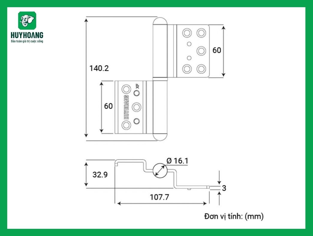 Thông số kỹ thuật Bản lề cối 01 Xingfa 2 cánh Sơn đen Huy Hoàng