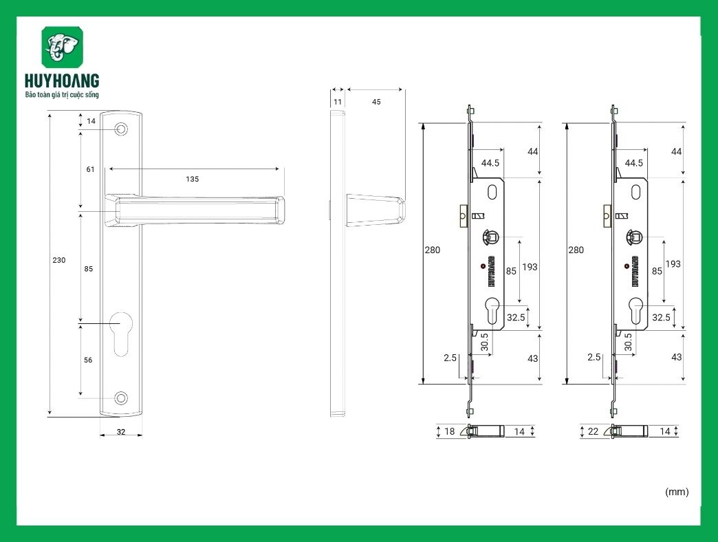 Thông số kỹ thuật Tay nắm đa điểm EX 88 sơn ghi (thân ổ titanium) Huy Hoàng