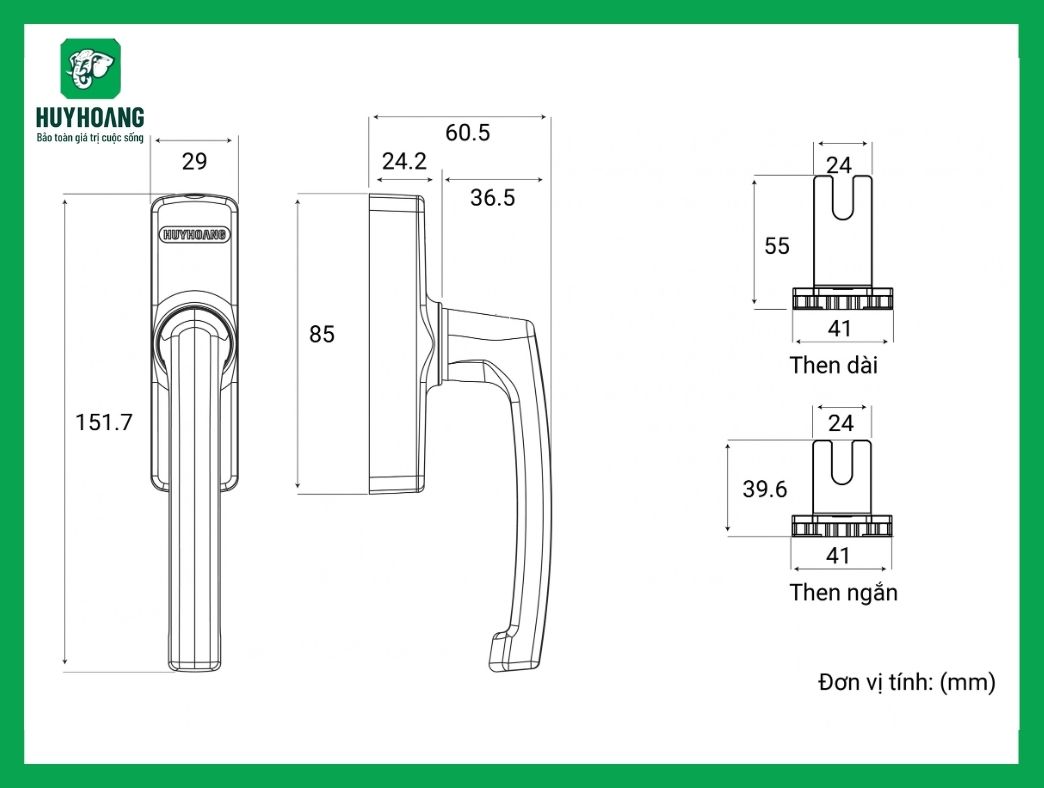 Thông số kỹ thuật Tay nắm đa điểm cửa sổ AP 80A Sơn đen Huy Hoàng