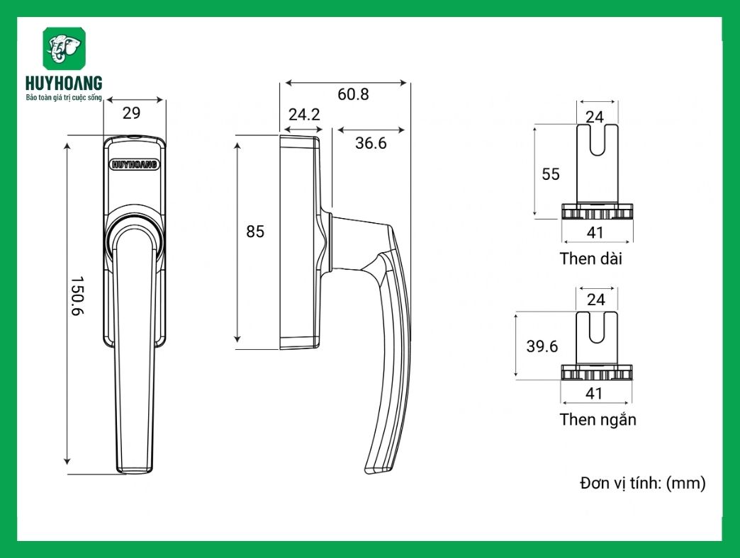 Thông số kỹ thuật Tay nắm đa điểm cửa sổ AP 82A Sơn đen Huy Hoàng