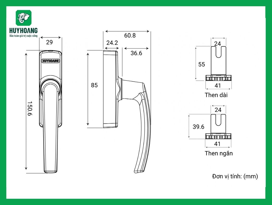Thông số kỹ thuật Tay nắm đa điểm cửa sổ AP 82A Sơn trắng Huy Hoàng