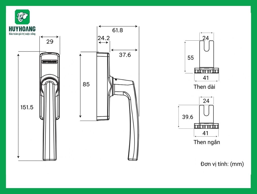 Thông số kỹ thuật Tay nắm đa điểm cửa sổ APEX68A Sơn đen Huy Hoàng